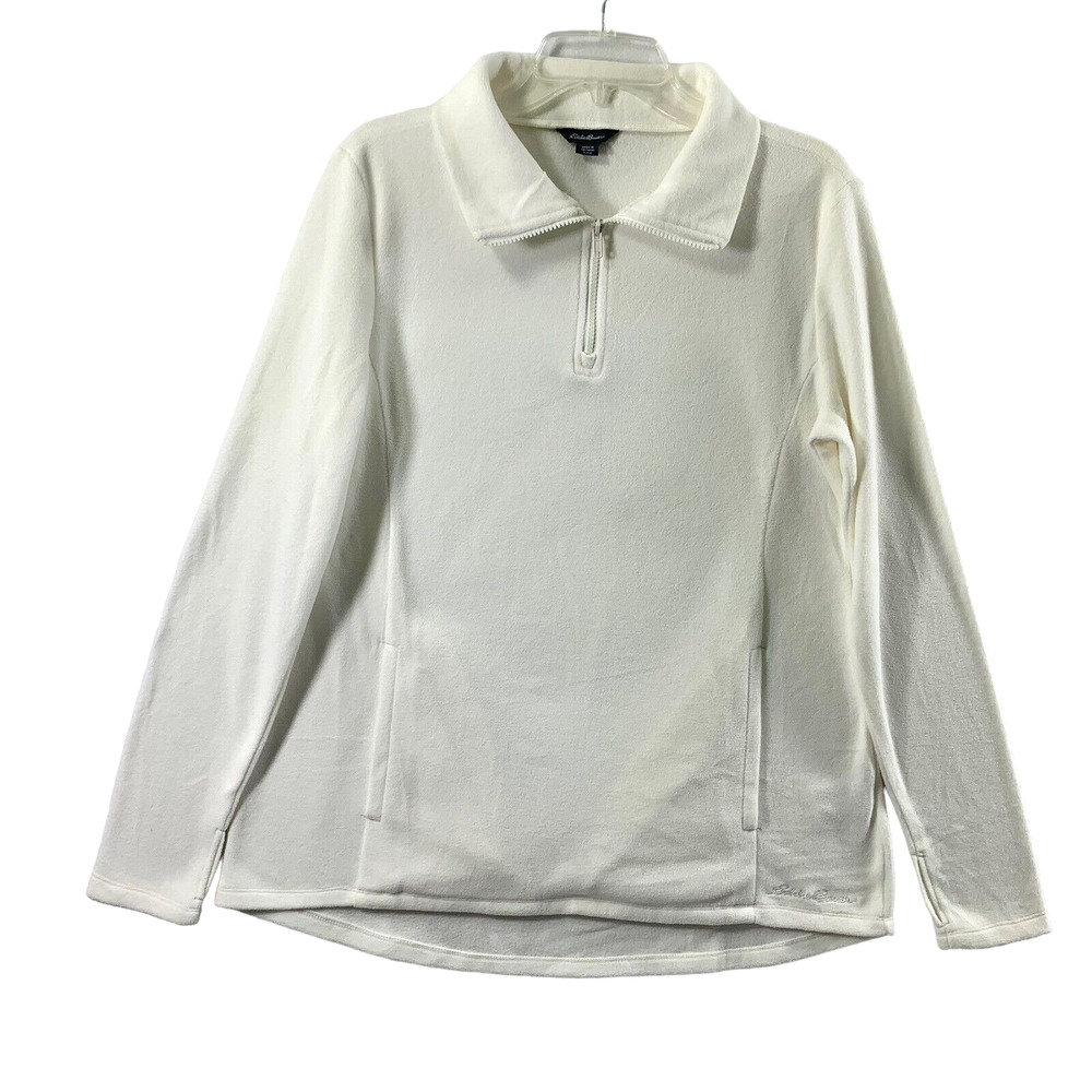 Eddie Bauer Fleece Top Womens Small‎ Ivory Long Sleeve Thumbhole Quarter Zip